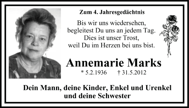 Traueranzeigen Von Annemarie Marks Trauer In Nrwde 3480