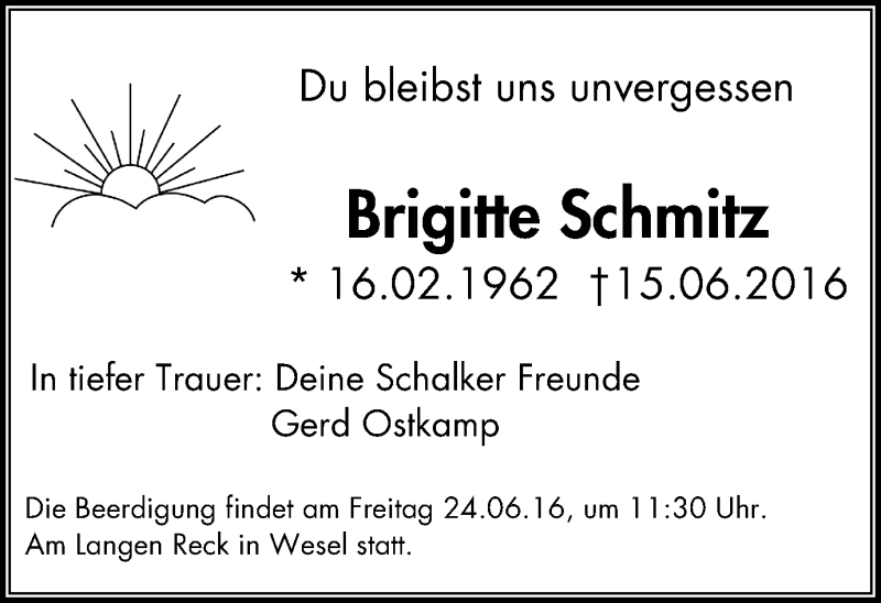  Traueranzeige für Brigitte Schmitz vom 22.06.2016 aus Der Weseler + Der Xantener