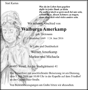 Traueranzeige von Walburga Amerkamp von Der Weseler + Der Xantener