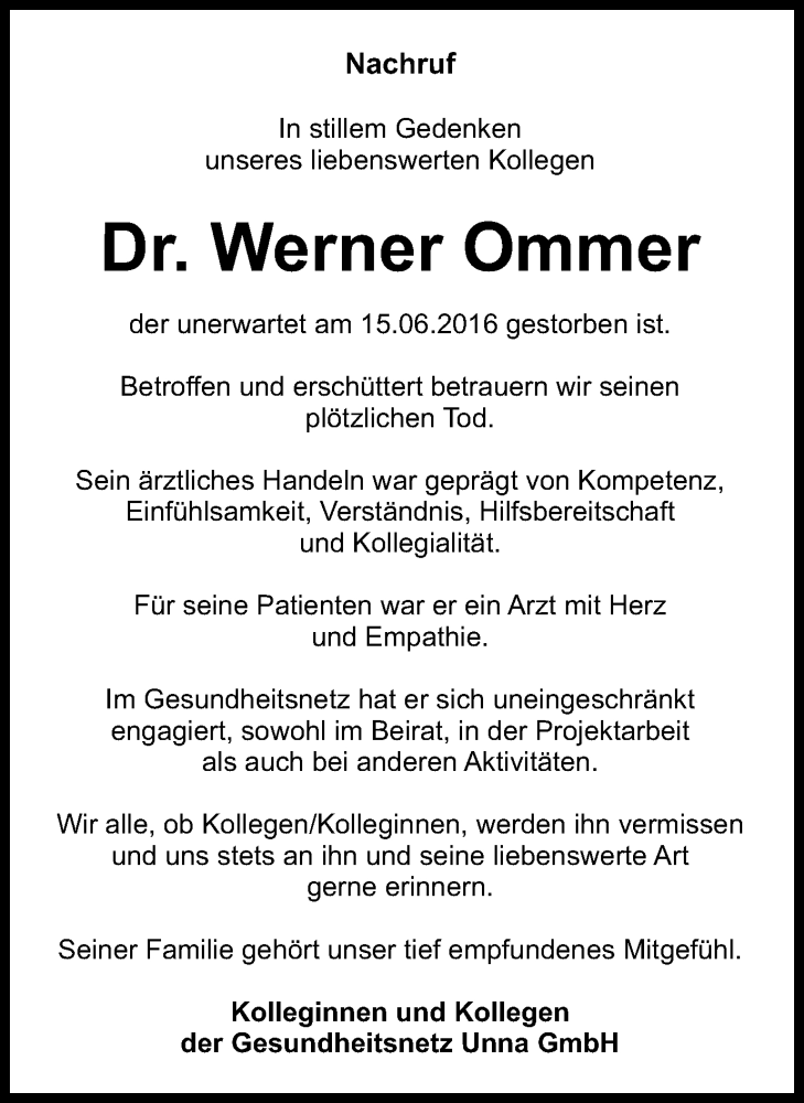  Traueranzeige für Werner Ommer vom 22.06.2016 aus Stadtspiegel Kamen + Unna