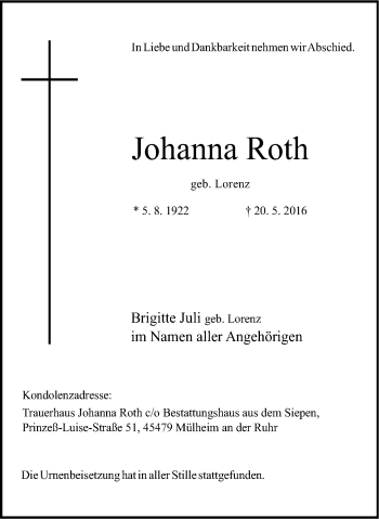 Traueranzeige von Johanna Roth von Mülheimer Woche