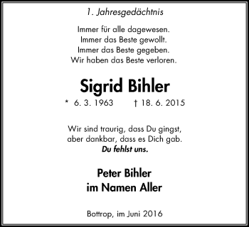 Traueranzeige von Sigrid Bihler von Stadtspiegel Bottrop