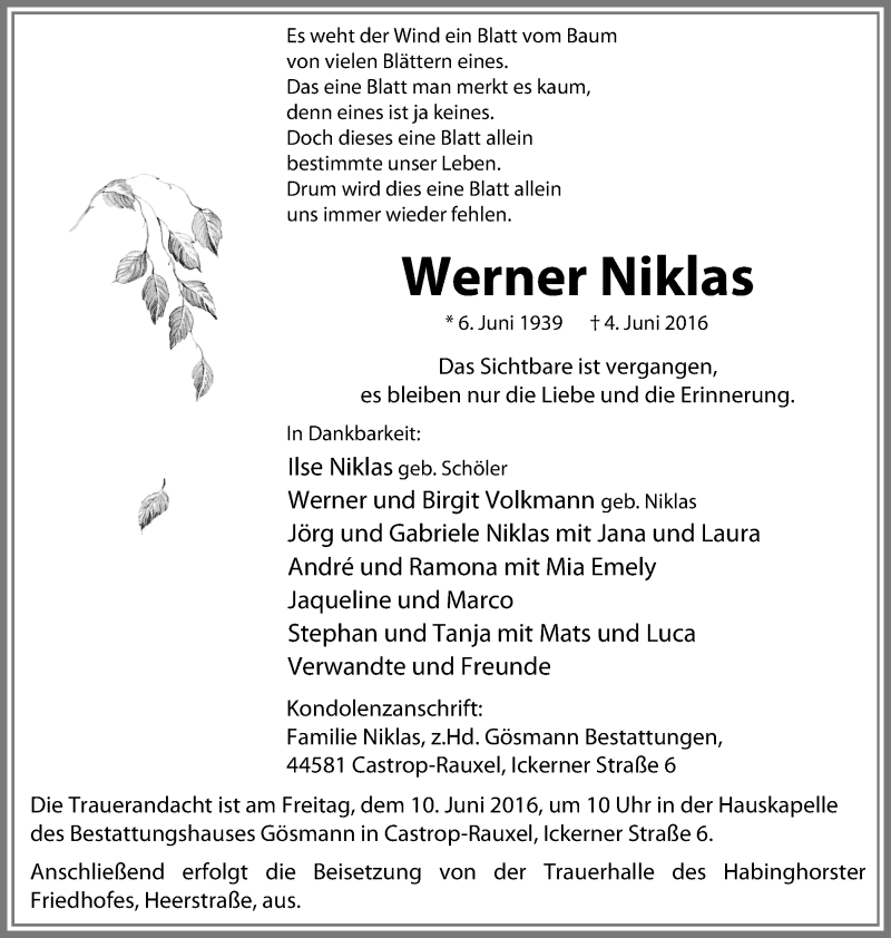  Traueranzeige für Werner Niklas vom 08.06.2016 aus Stadtanz.Castrop-Rauxel