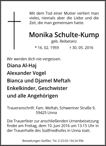 Traueranzeige von Monika Schulte-Kump von Stadtspiegel Kamen + Unna