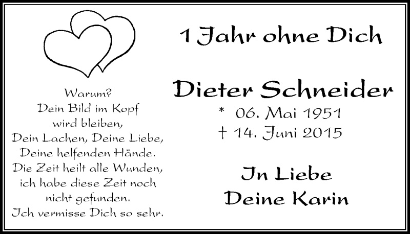  Traueranzeige für Dieter Schneider vom 15.06.2016 aus Stadtspiegel Bochum + Wattenscheid