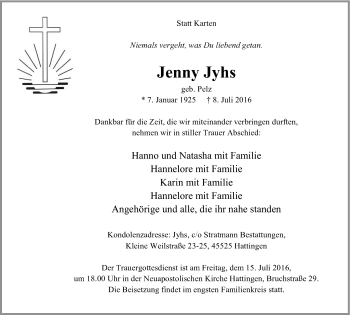 Traueranzeige von Jenny Jyhs von Stadtspiegel Hattingen/Niedersprockhövel
