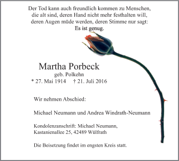 Traueranzeige von Martha Porbeck von Stadtspiegel Hattingen/Niedersprockhövel