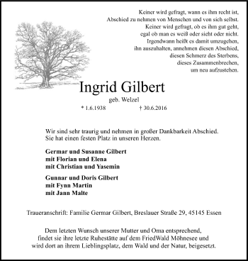 Traueranzeige von Ingrid Gilbert von Kettwig Kurier