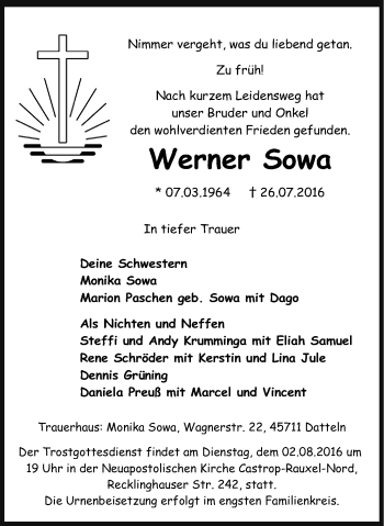 Traueranzeige von Werner Sowa von Stadtanz.Castrop-Rauxel