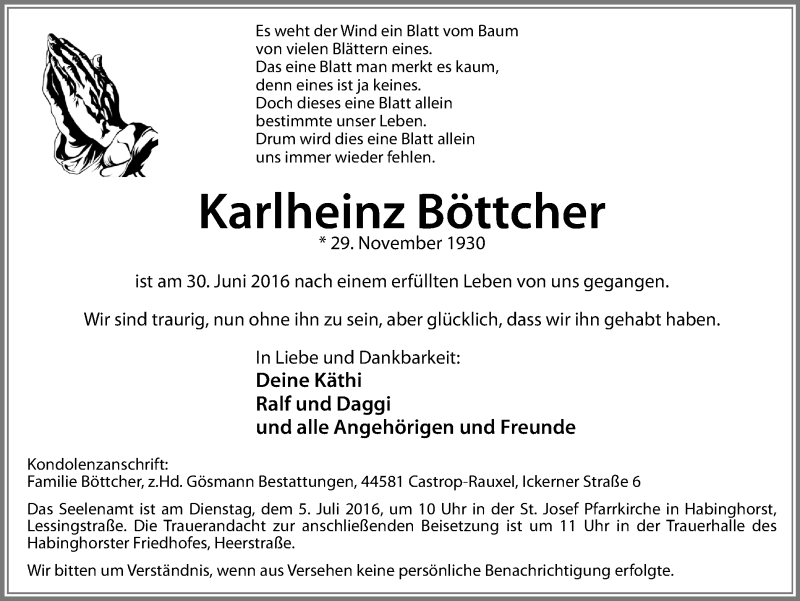  Traueranzeige für Karlheinz Böttcher vom 02.07.2016 aus Stadtanz.Castrop-Rauxel