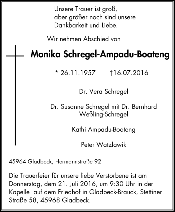 Traueranzeige von Monika Schregel-Ampadu-Boateng von Stadtspiegel Gladbeck