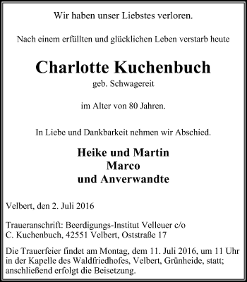 Traueranzeige von Charlotte Kuchenbuch von Stadtanzeiger Velbert + Heiligenhaus