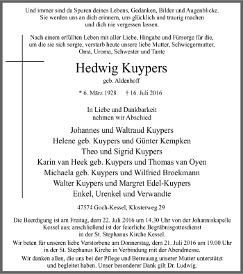 Traueranzeige von Hedwig Kuypers von Gocher Wochenblatt