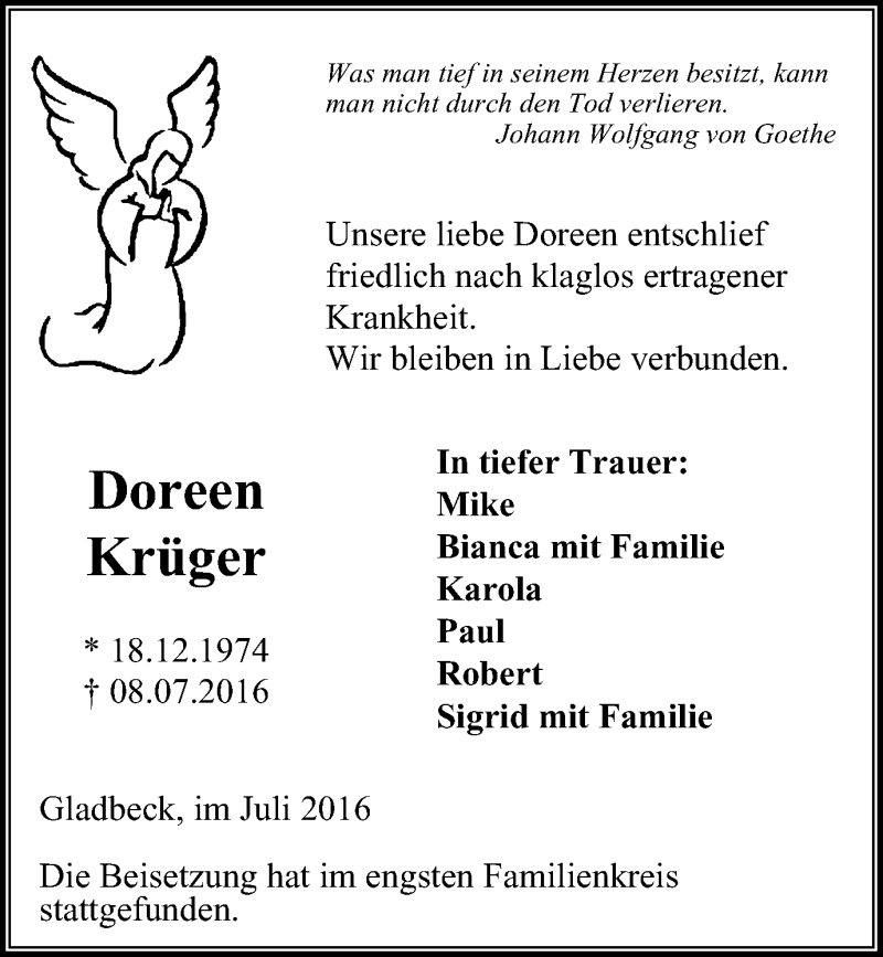 Traueranzeige für Doreen Krüger vom 20.07.2016 aus Stadtspiegel Gladbeck