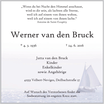 Traueranzeige von Werner van den Bruck von Stadtanzeiger Velbert + Heiligenhaus