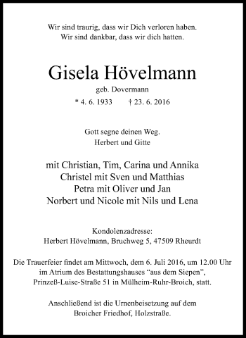Traueranzeige von Gisela Hövelmann von Mülheimer Woche