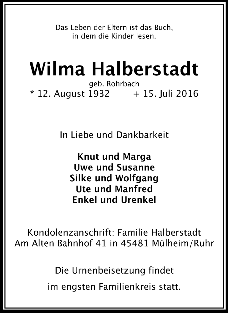  Traueranzeige für Wilma Halberstadt vom 23.07.2016 aus Mülheimer Woche