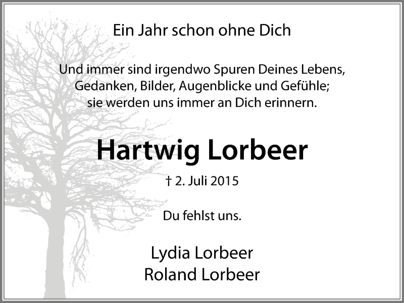  Traueranzeige für Hartwig Lorbeer vom 02.07.2016 aus Stadtanz.Castrop-Rauxel