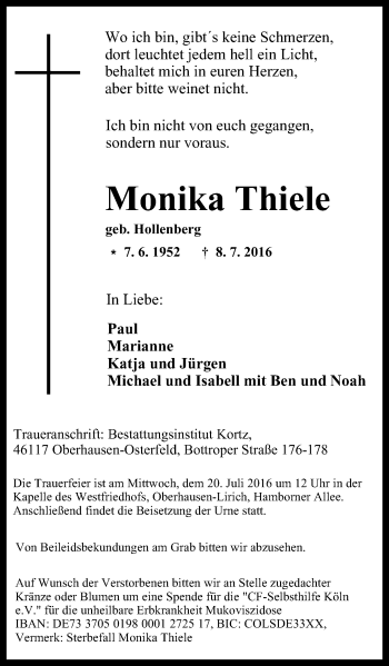 Traueranzeige von Monika Thiele von Wochen-Anzeiger Oberhausen