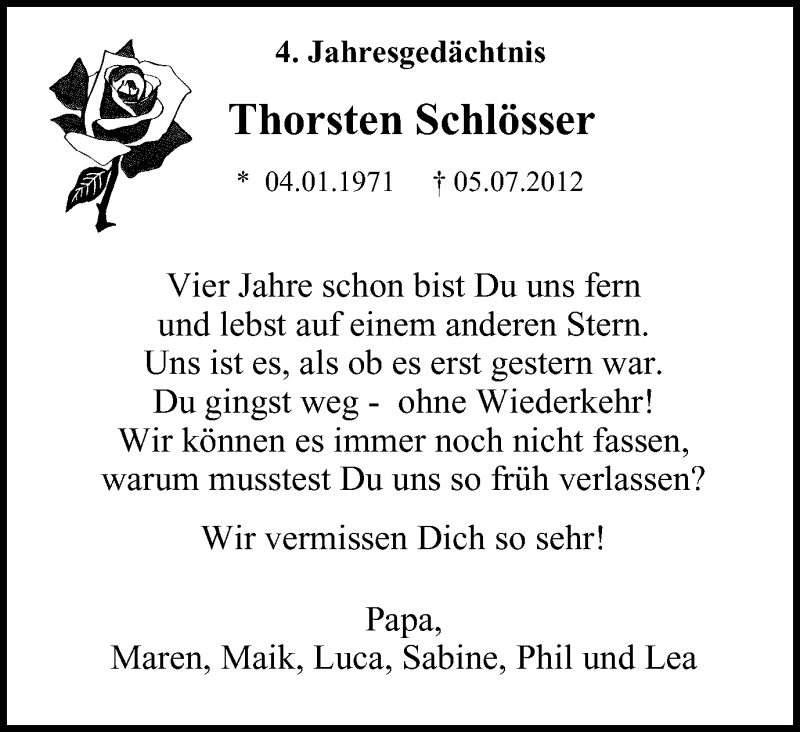  Traueranzeige für Thorsten Schlösser vom 06.07.2016 aus Mülheimer Woche