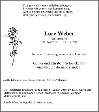 Traueranzeige von Lore Weber von Stadtspiegel Bochum
