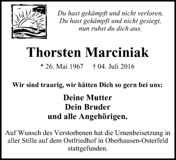 Traueranzeige von Thorsten Marciniak von Wochen-Anzeiger Oberhausen