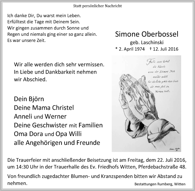  Traueranzeige für Simone Oberbossel vom 16.07.2016 aus Witten aktuell