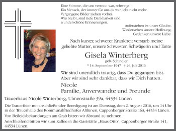Traueranzeige von Gisela Winterberg von Lüner Anzeiger