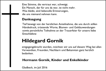Traueranzeige von Hildegard Gornik von Stadtspiegel Gladbeck