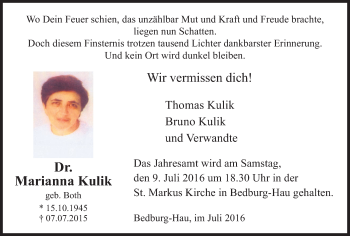 Traueranzeige von Marianna Kulik von Klever Wochenblatt