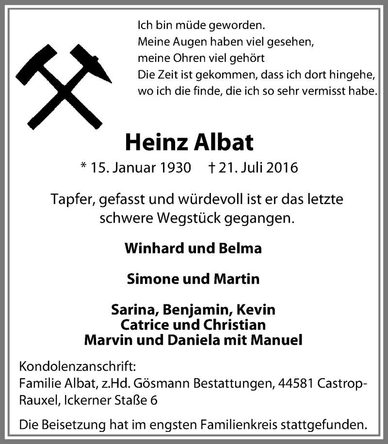  Traueranzeige für Heinz Albat vom 27.07.2016 aus Stadtanz.Castrop-Rauxel