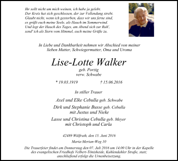 Traueranzeige von Lise-Lotte Walker von Stadtanzeiger Velbert + Heiligenhaus