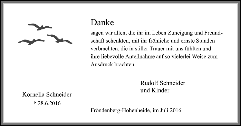  Traueranzeige für Kornelia Schneider vom 30.07.2016 aus Stadtspiegel Menden + Froendenberg