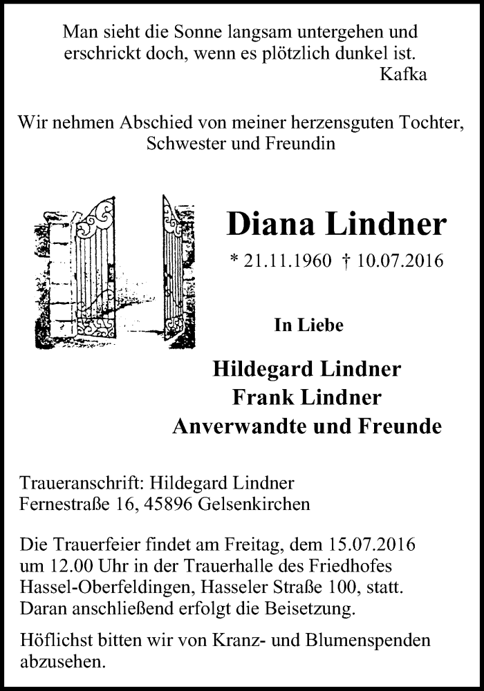  Traueranzeige für Diana Lindner vom 13.07.2016 aus Stadtspiegel Gelsenkirchen