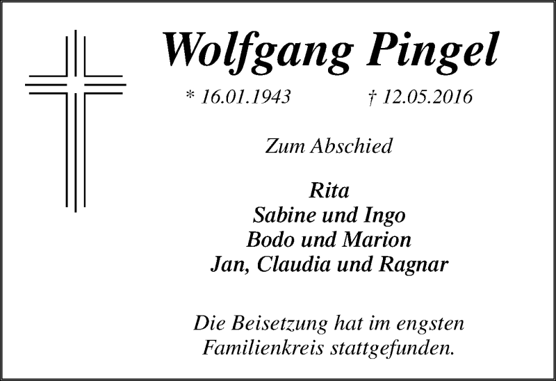  Traueranzeige für Wolfgang Pingel vom 16.07.2016 aus Stadtspiegel Bottrop