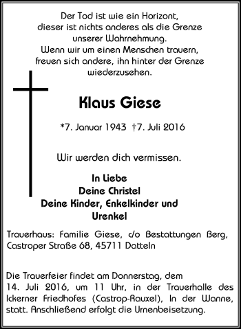Traueranzeige von Klaus Giese von Stadtanz.Castrop-Rauxel
