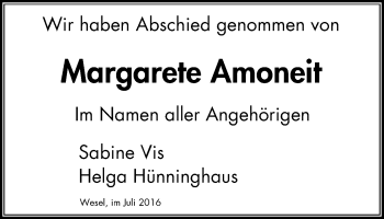 Traueranzeige von Margarete Amoneit von Der Weseler + Der Xantener