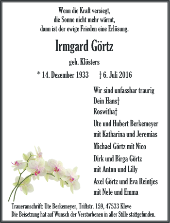 Traueranzeige von Irmgard Görtz von Klever Wochenblatt