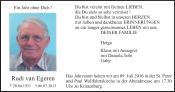 Traueranzeige von Rudi van Egeren von Klever Wochenblatt