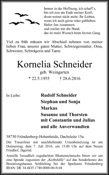 Traueranzeige von Kornelia Schneider von Stadtspiegel Menden + Froendenberg
