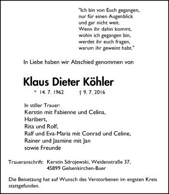 Traueranzeige von Klaus Dieter Köhler von Stadtspiegel Gladbeck