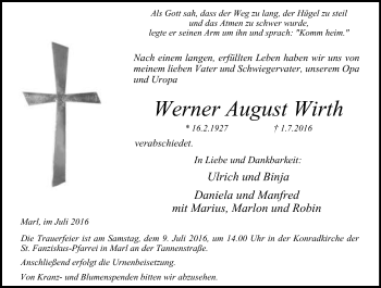 Traueranzeige von Werner August Wirth von Lüner Anzeiger