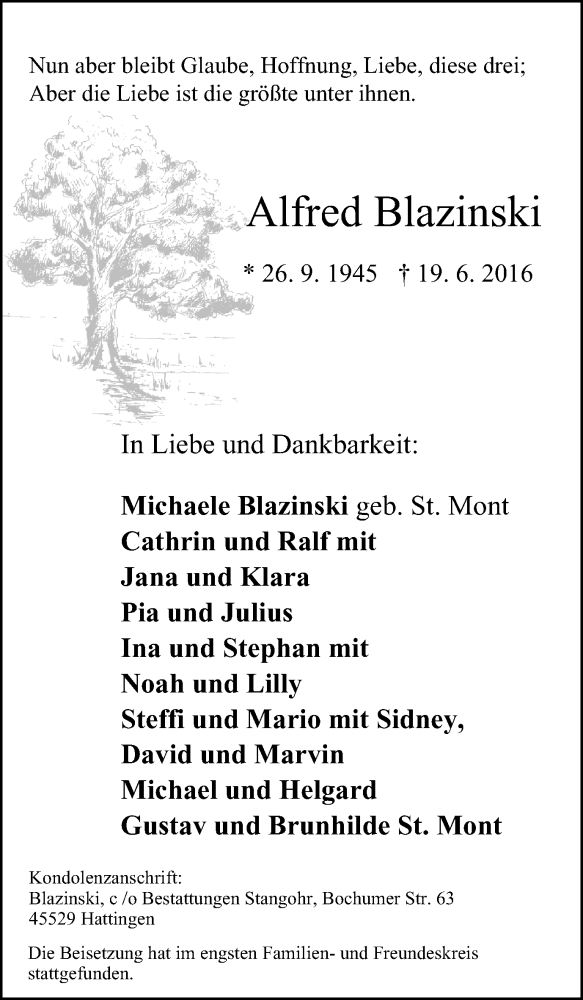  Traueranzeige für Alfred Blazinski vom 02.07.2016 aus Stadtspiegel Hattingen/Niedersprockhövel