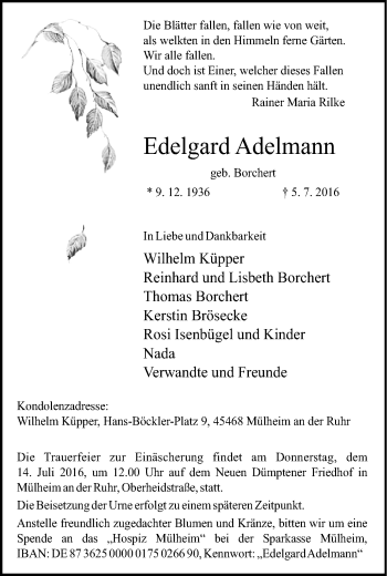 Traueranzeige von Edelgard Adelmann von Mülheimer Woche