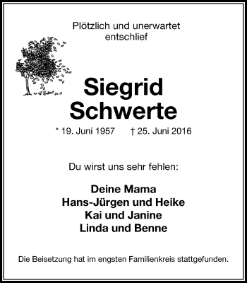 Traueranzeige von Siegrid Schwerte von Stadtspiegel Bottrop