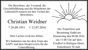 Traueranzeige von Christian Weidner von Stadtanzeiger Velbert + Heiligenhaus