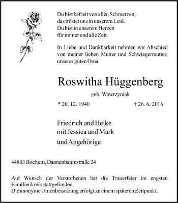 Traueranzeige von Roswitha Hüggenberg von Stadtspiegel Bochum + Wattenscheid