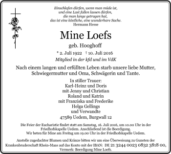 Traueranzeige von Mine Loefs von Gocher Wochenblatt