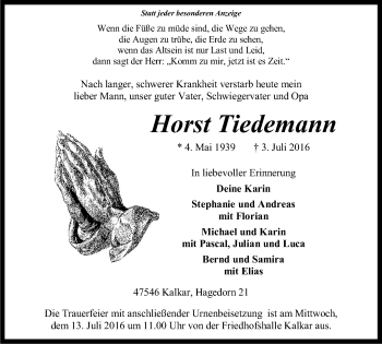 Traueranzeige von Horst Tiedemann von Klever Wochenblatt