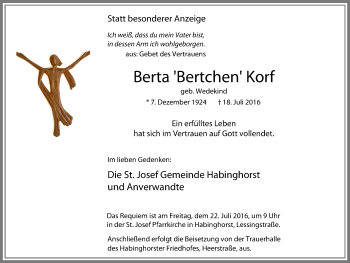 Traueranzeige von Berta  Korf von Stadtanz.Castrop-Rauxel